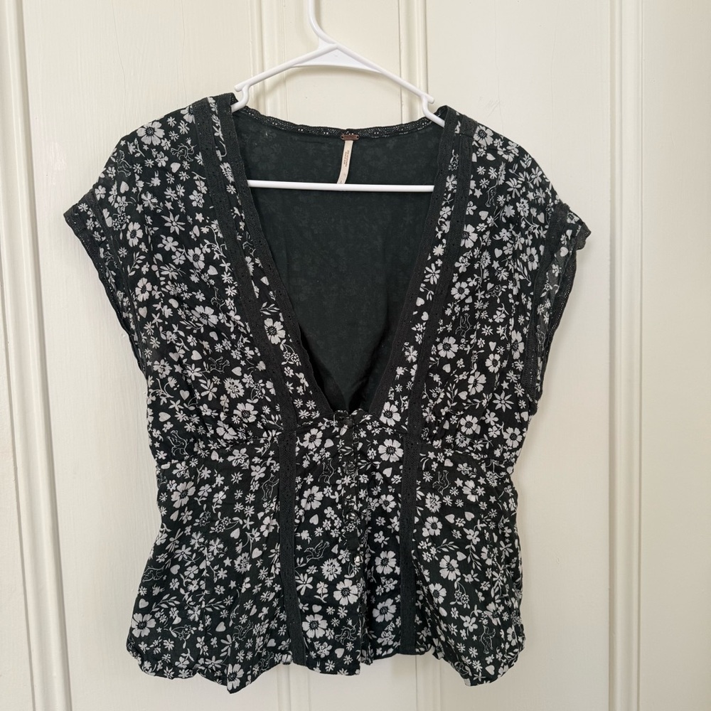 Free People Black Floral V-Neck Blouse